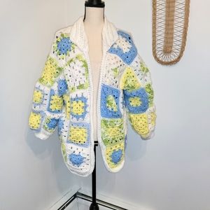 Crochet Boho Chunky Oversized Granny Square Pastel Handmade  Blanket Cardigan