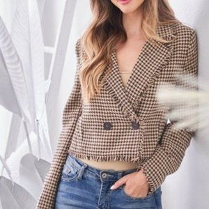 work chic houndstooth plaid print fringe detailed