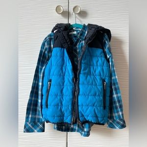 Blue plaid button down shirt and vest boys set.