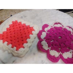 Pair Hand Crocheted Boho Retro Doilies One 8"Square, Flower 9" Across