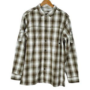 Duxbak Vented Shirt Mens Large L Brown White Plaid Outdoor Long Sleeve Button Up