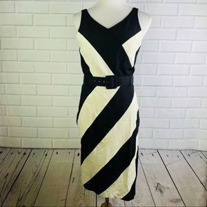 Lew Magram Black & White Belted V-Neck Midi Dress - Size 8