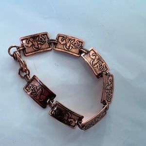 Southwestern Tribal Signed COPPER Bracelet  Wolf Howling at Moon  Cactus Vintage