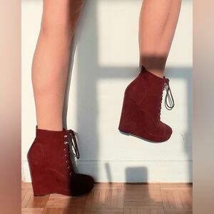 Forever 21 platform wedge ankle boots, burgundy