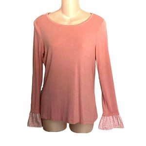 Vince Camuto L/S Stretch Top Apricot Womens Size Small Gingham Ruffle Sleeves