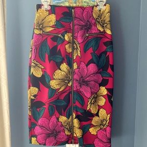 Vivid Fuschia With Yellow and Teal Tropical Floral Print Pencil Skirt