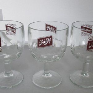 3 Vintage 1970s Schlitz Thumbprint Beer Mugs Goblet Glass Stem Footed Pedestal