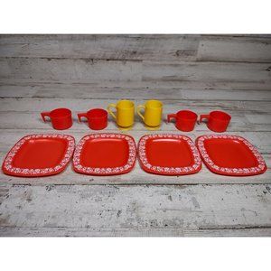 Vintage 1970s Doll Child Play Plates & Mugs Cups Orange While Floral Design