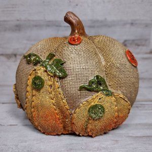 Transpac Resin Pumpkin Burlap Style Glitter Buttons Farmhouse Decor Fall 5"