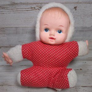 Vintage Small Baby Doll Rubber Face Plush Toy Red White Polka Dot Hong Kong 7"