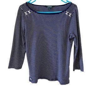 Lauren Ralph Lauren Blue & White Stripe Top “X” Rope Shoulders Women's Large