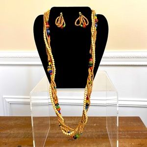 Vintage Wooden Bead Necklace and Earring Set