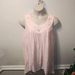 Spense Size 1X Gauzy Lace Trimmed, Light Pink Sleeveless Boho Tunic Top