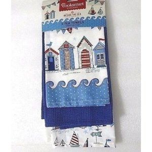 Cooksmart Nautical Beside the Sea 3 Tea Towels Sailboats Beach Hut Blue Waves