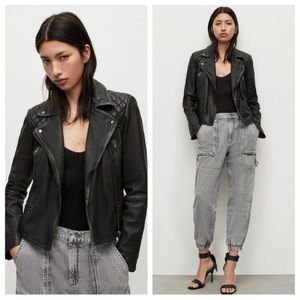 All Saints Cargo Biker Black Grey Leather Moto Jacket