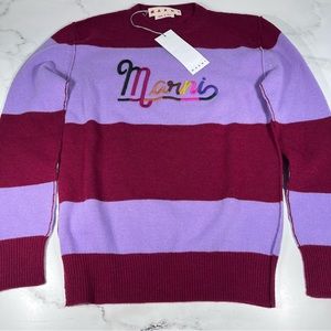 Marni Stripe Logo Knit Burgundy Pullover Sweater