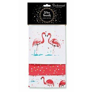 Cooksmart Tropical Flamingo 3 Tea Towels Embellished Gold Foil Dots Cotton NEW