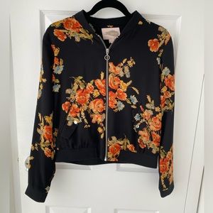 Forever 21 Contemporary Light Zip Orange and Black Floral Jacket Sz M