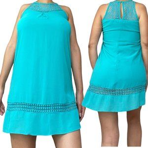 By & B Yoke Halter Mini Dress Small S Light Blue Crochet Neck Sleeveless Lined