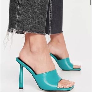 Simmi London Lacquered Heel Teal Square Open Toe Mules High Heels Y2k 90s