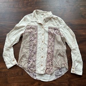 Free People Born Free Bandana Inset Long Sleeve Button Up Shirt Beige Small