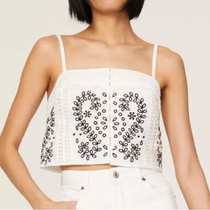 Marissa Webb Floral Embroidered Eyelet Square Neck Crop Top White Black Sz 14