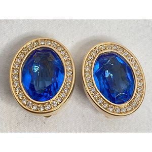 DSC Daniel Swarovski Earrings Vintage 80s Dark Blue Oval Stone Clip On