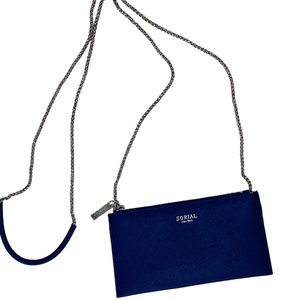 Sorial New York Saffiano Blue Faux Leather Mini Crossbody Bag Silver Chain Strap