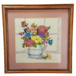 Vintage Needlepoint Framed Artwork Teapot of Flowers on Kitchen Table by Window