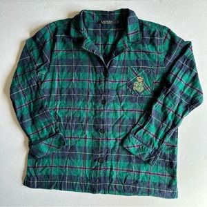 Ralph Lauren Women’s Plaid Flannel Sleep Shirt Pajama Top Green and Navy Size Lg