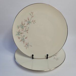 TWO Lenox Wyndcrest Dinner Plates Ivory with Blue Flowers Taupe Leaves A500