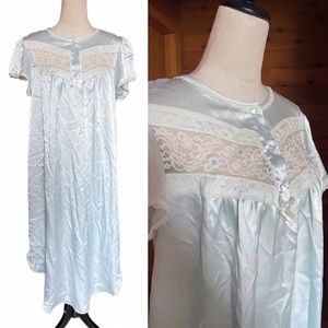 Vintage 70s Barbizon Blue Satin Embroidered Lace Bust Nightgown