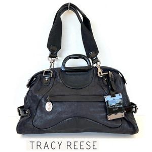 TRACY REESE NY Black Leather Patent Leather Trim Resin Handles Shoulder Satchel