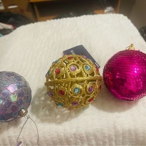 lot of 3 big holiday ornaments: fancy jeweled gold, Sequin NWT sparkly