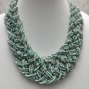 Aqua Turquoise Metallic Seed Bead Braided Bib Necklace 18"- 20"