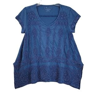 CAITE blue embroidered tee shirt summer top hippie boho XSmall