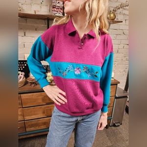 Fuscia/Teal Vintage 'Colter Bay Sport' Long Sleeve Button/Collar Detail Sweater