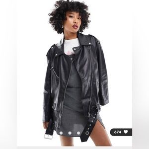 ASOS Design Oversized Premium Real Leather Motorcycle Jacket with Tags SZ 14