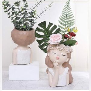 Cute Girl Flower Pot Decorative Succulent Planter Vase, Beige Resin