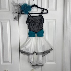 VTG Dansco Girls Ballet Dance Costume Child’s Size MC Feather White Teal Black