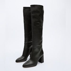 Zara Leather Knee High Heeled Boots size 38