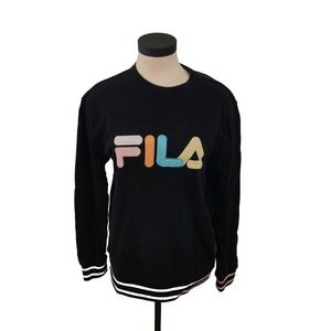 FILA Women's Sweatshirt Pullover Crew Neck Size L Black Multicolor Logo. B6