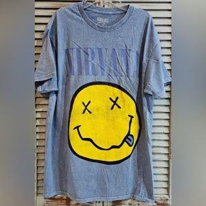 NIRVANA VINTAGE STYLE T-SHIRT L Blue Distressed Dyed 90s Grunge Rock Band