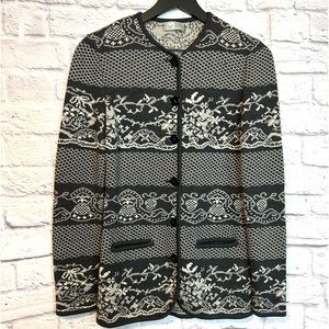 Schon Made in Italy black and white wool “ floral”cardigan sweater