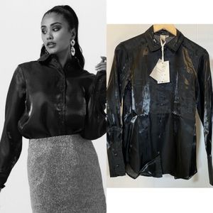 NWT Y.A.S. Magnusa Metallic Black Button Long Sleeve Shirt Collar Blouse Shiny