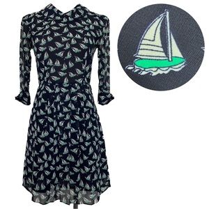 Beach Bash Art & Tatyana Sailboat Print Navy Blue Retro Collar Sleeved Sun Dress