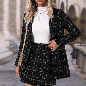 Black Preppy Womens Plaid Single Button Blazer & Skirt