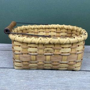 Vintage Woven Reed and Wicker Basket Metal and Wood Handle Signed 1992 - 9.75”