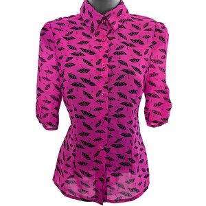 Tatyana Hot Pink Umbrella Print Blouse - Retro Collar Black Bat Wing Button Top