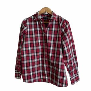 Lands' End Womens No Iron Shirt Size 14P Button Front Red Plaid Supima Cotton